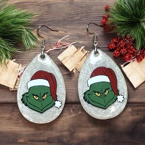 Holiday Grinch Earrings with Santa Hat Sterling Silver Hooks New